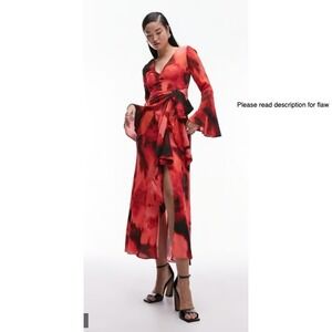 TOPSHOP Floral Print Maxi Dress Bell Sleeve Tie Waist Red Black Size US 2